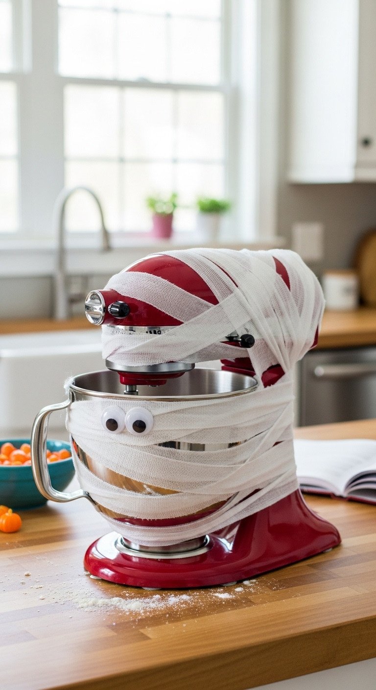 Red tilt-head stand mixer wrapped in white gauze like a mummy with googly eyes