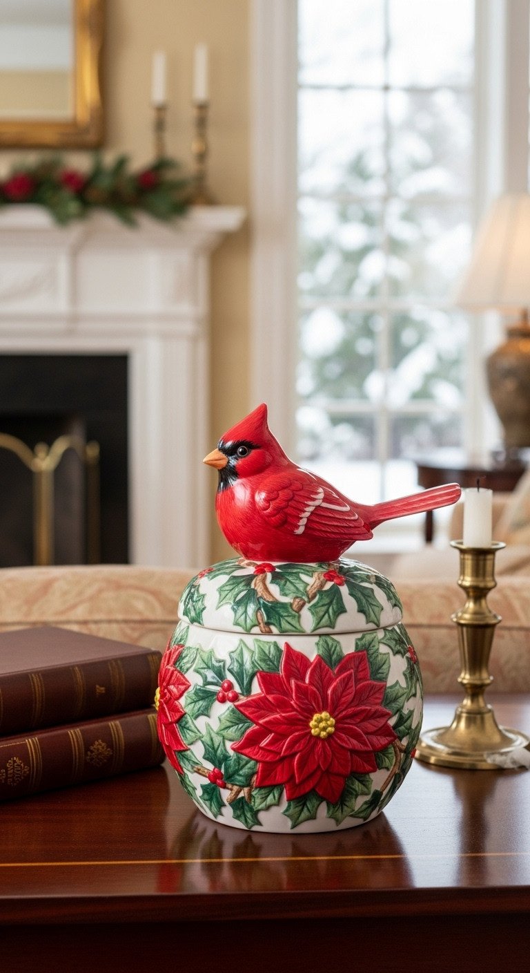 Refined living space with a sophisticated Fitz and Floyd cardinal cookie jar on a dark mahogany accent table