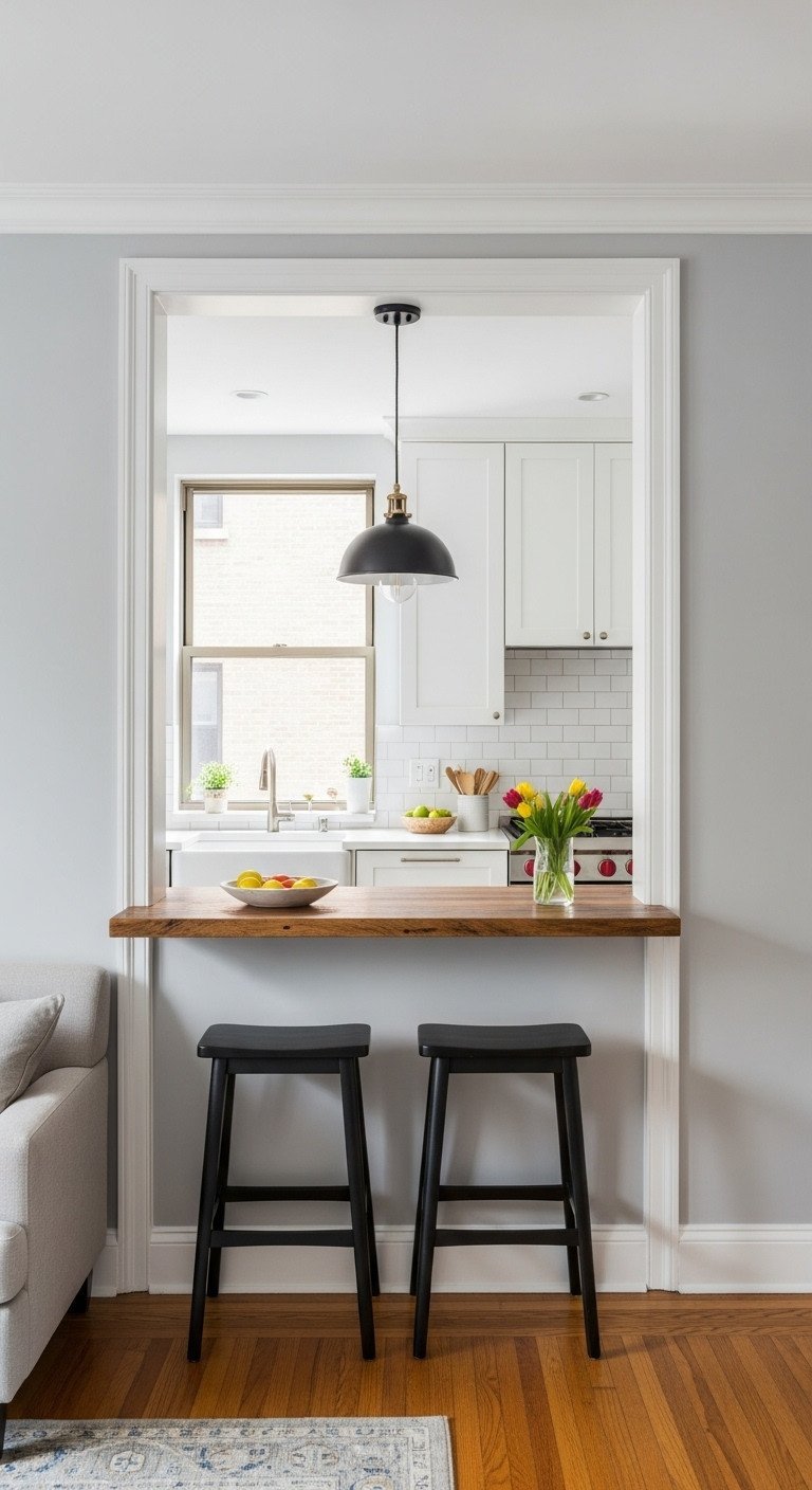Renovated NYC apartment with kitchen pass-through, reclaimed wood breakfast bar, black stools, bright galley kitchen view.