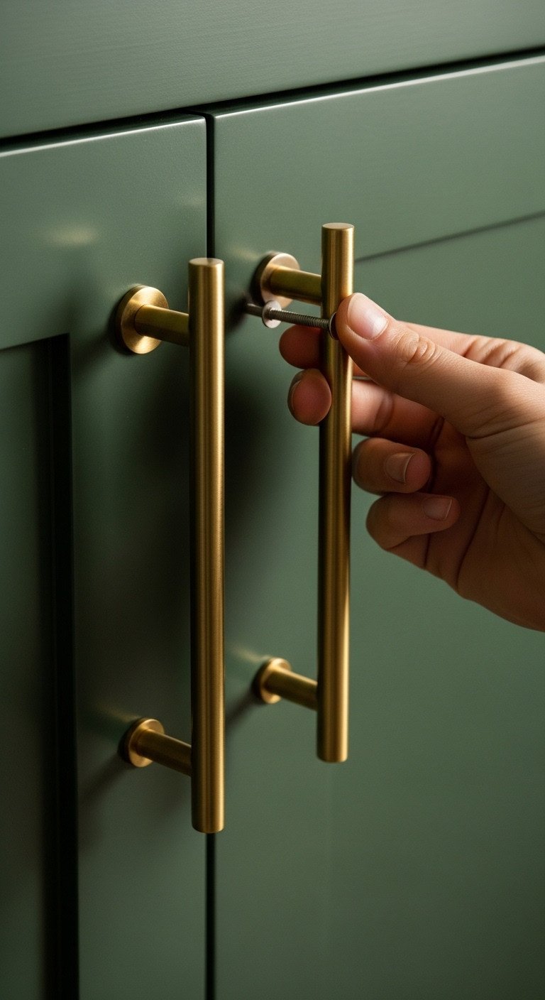 Rental kitchen cabinet with a new sleek brushed brass bar pull being installed on a deep moody green door for a stylish hardware swap
