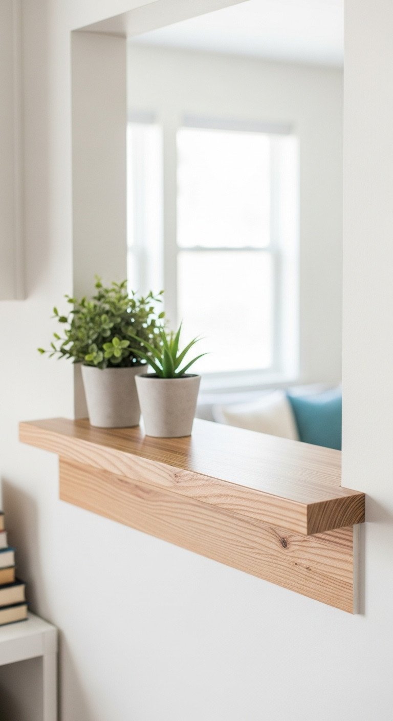 Renter-friendly kitchen pass-through update: wood-grain contact paper on pine board, two potted plants. Achievable DIY home decor.