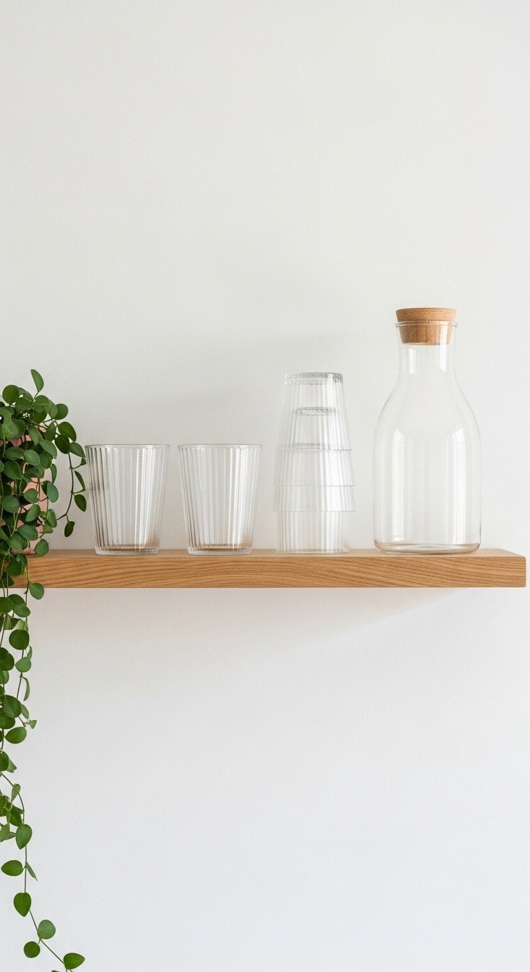 Ribbed drinking glasses and glass carafe on a light oak floating shelf with a green plant vine in a modern kitchen.