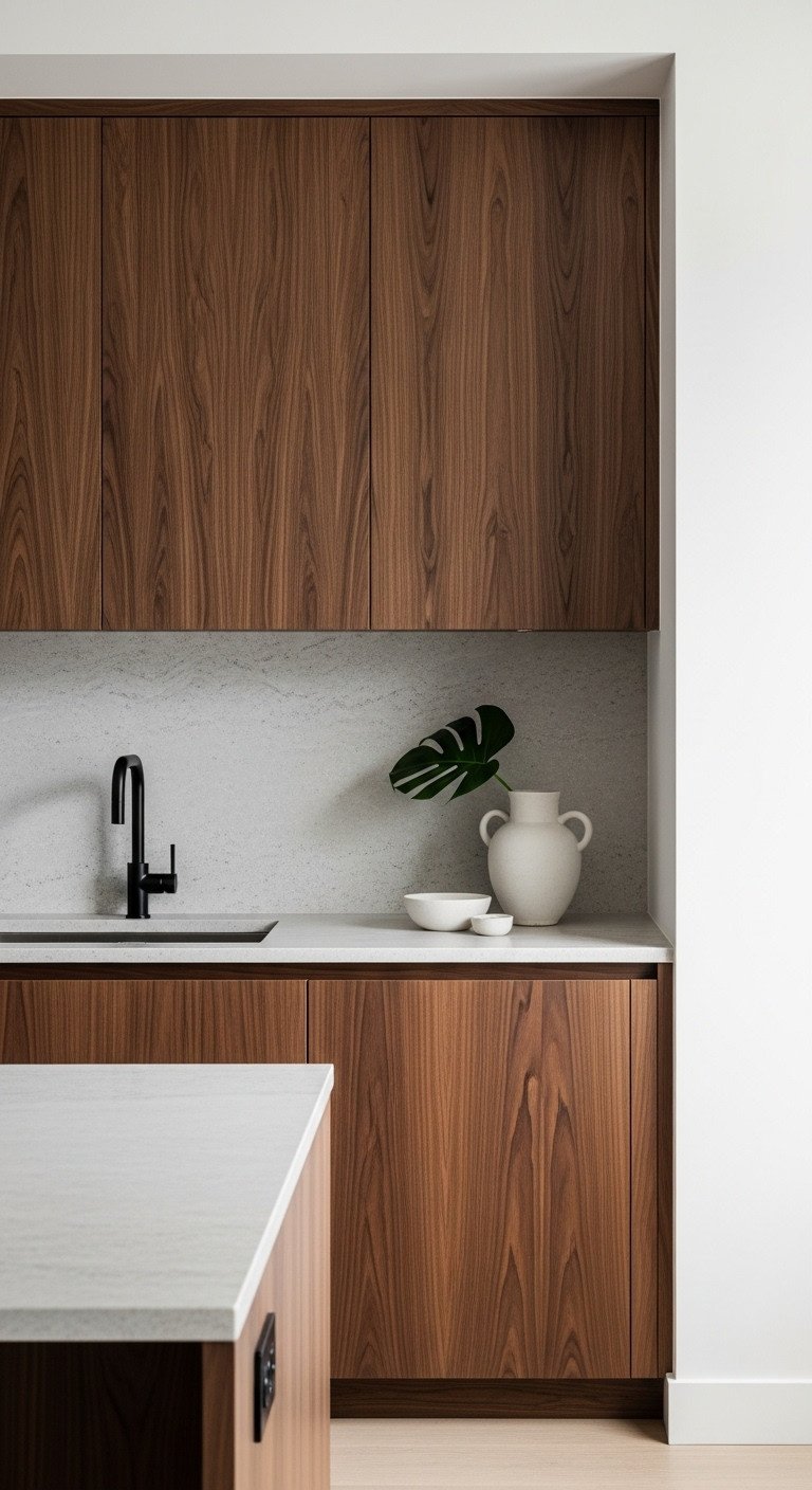 11 Japanese Kitchen Color Schemes For A Tranquil Home 17 Rich dark wood Japandi kitchen with dark American walnut cabinets and light stone countertops