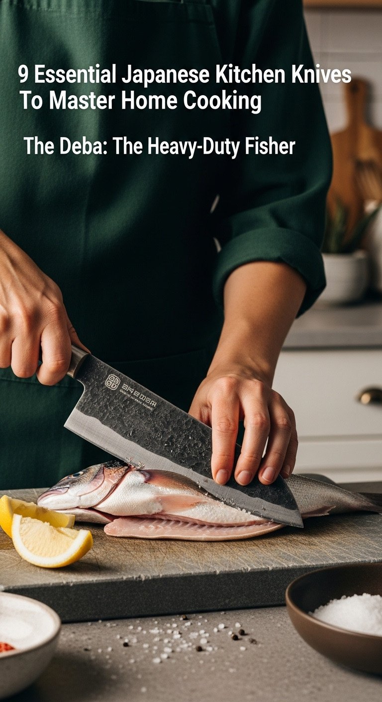 Robust Deba knife resting next to a whole fish being filleted on a durable cutting board with rock salt and lemon wedges