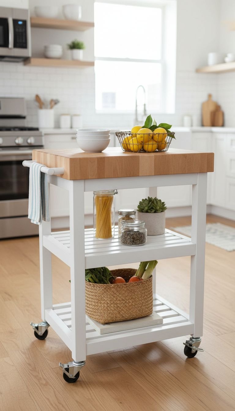 Rolling kitchen cart with butcher block top, white frame, with bowls, lemons. Functional small kitchen storage & decor.