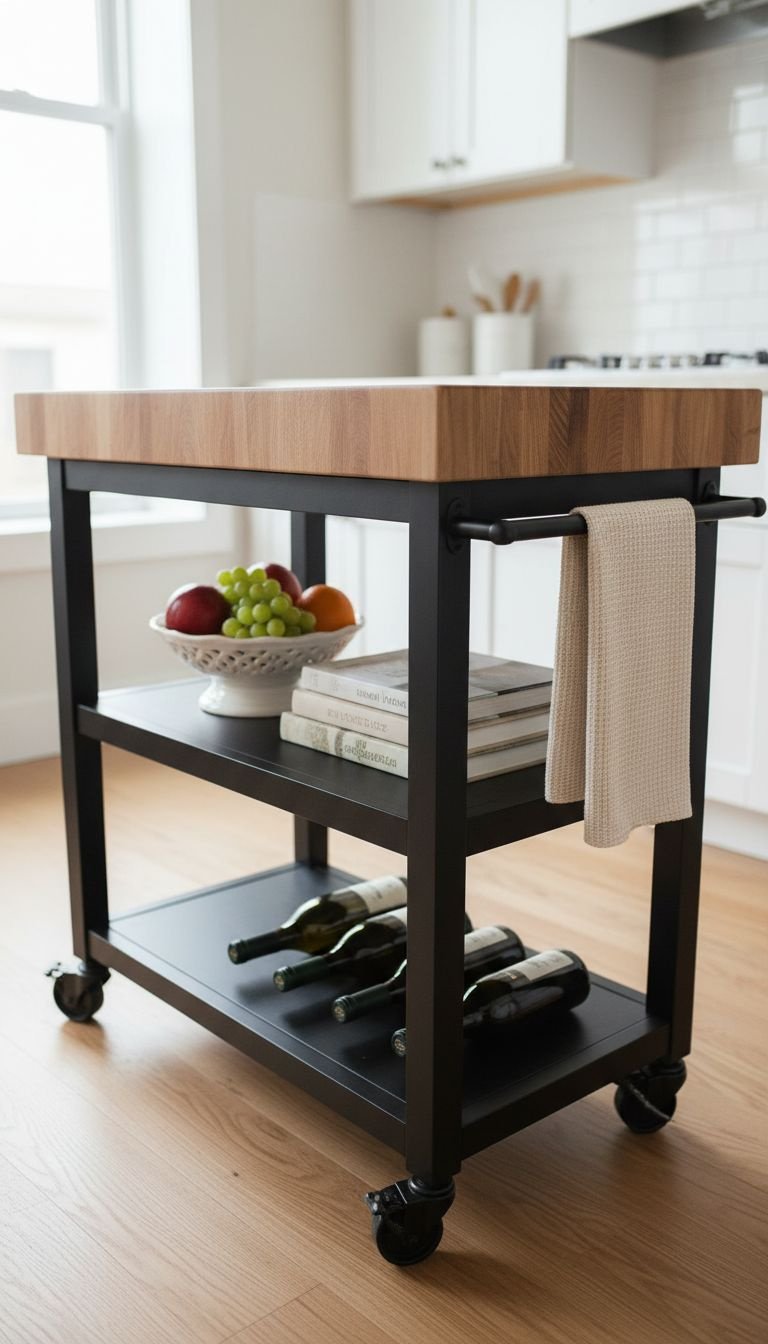11 Brilliant Apartment Kitchen Ideas On A Budget For Renters 8 Rolling kitchen cart with butcher block top. Fruit, cookbooks, wine. Functional DIY storage for small kitchens.