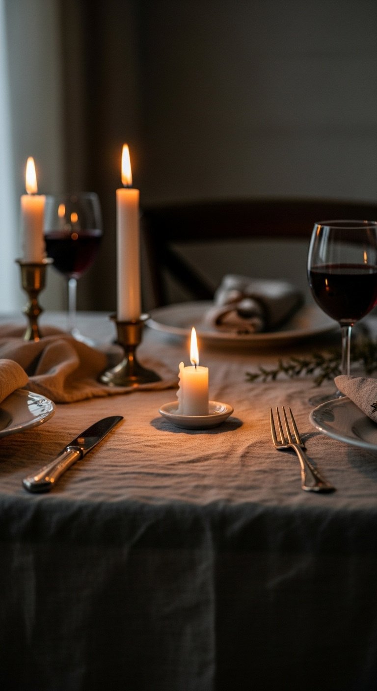 Christmas Table Decor Ideas To Inspire Every Style 17 Romantic candlelight Christmas table with flickering candle, linen cloth, white plate, antique silver cutlery, red wine glass.