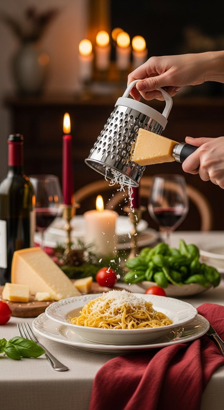 Rotary cheese grater in action over pasta with parmesan cheese on a holiday dining table