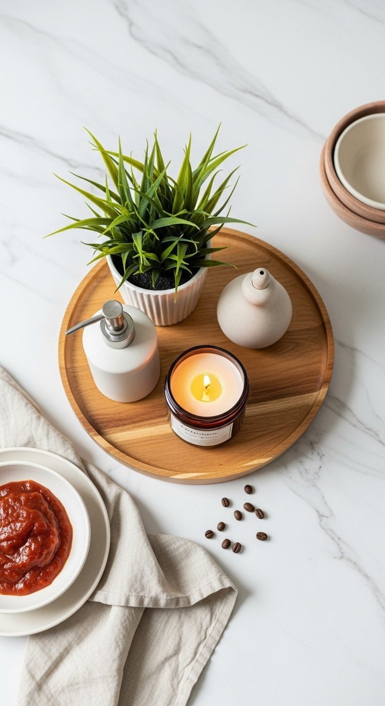 Round wooden tray on a marble counter with plant, ceramic soap dispenser, and scented candle for organized kitchen decor.