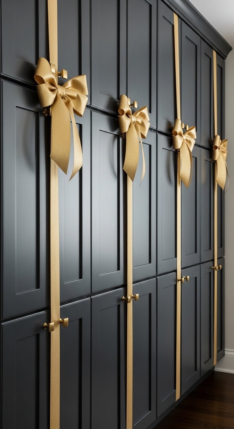Row of dark charcoal kitchen cabinets adorned with large, perfectly tied gold satin bows for Christmas decor