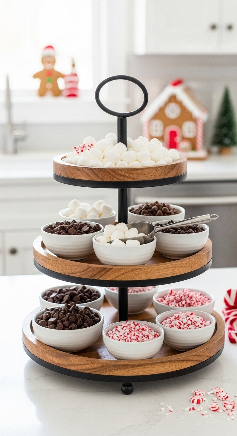 Rustic 3-tier tray with hot chocolate toppings on white kitchen counter bright daylight festive sprinkles