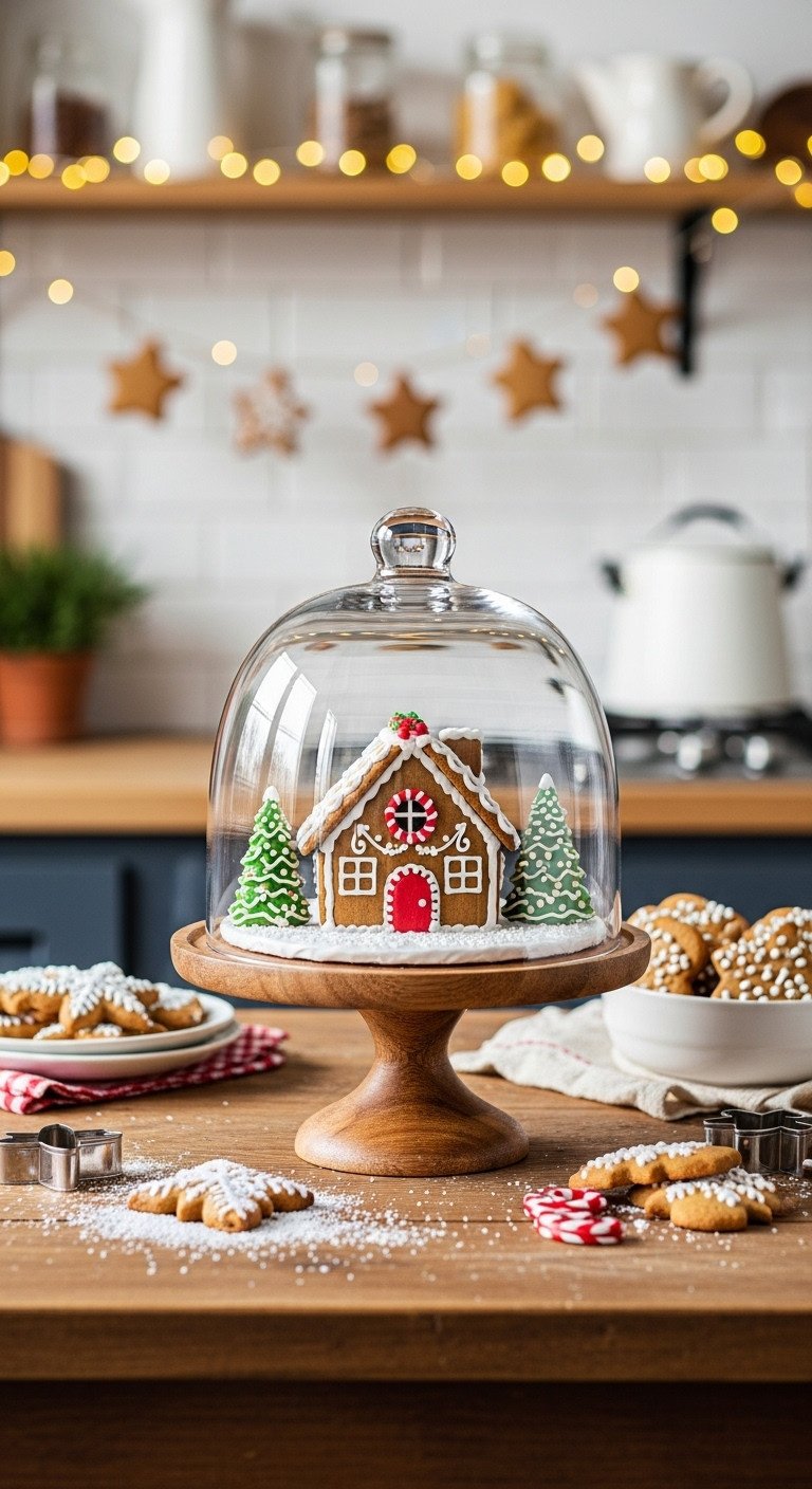 Rustic Christmas kitchen counter with gingerbread house under glass cloche on wooden cake stand