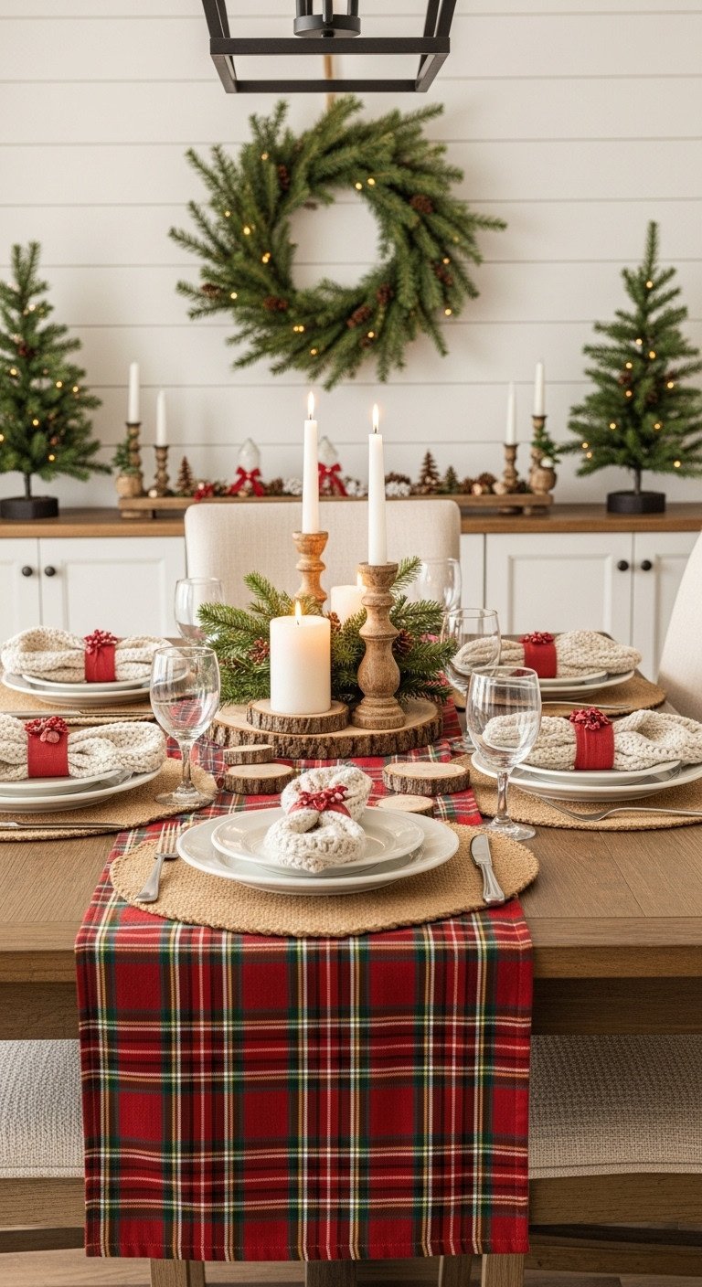 Rustic Christmas kitchen dining nook with wooden table red and green plaid runner burlap placemats and log slice coasters