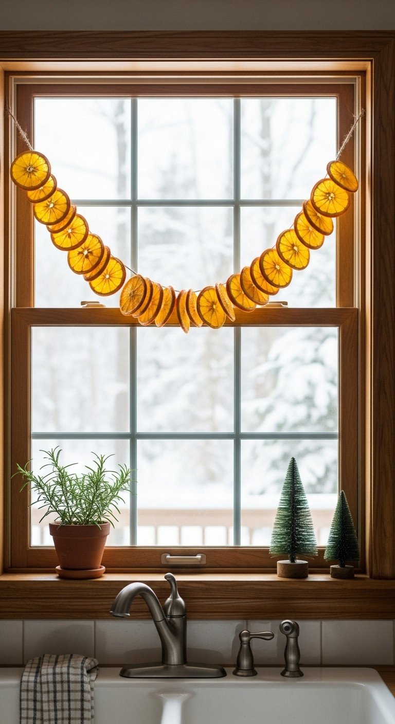 Rustic Christmas kitchen dried orange garland window rosemary plant snow outside bright airy light natural textures