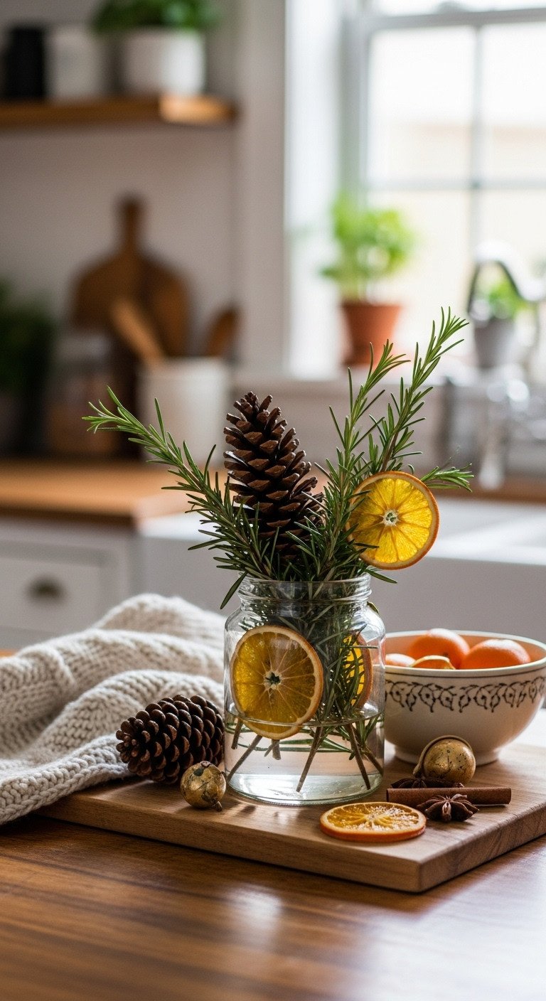 Rustic Christmas kitchen island centerpiece: pinecones, dried orange slices, rosemary in a vase on wood.