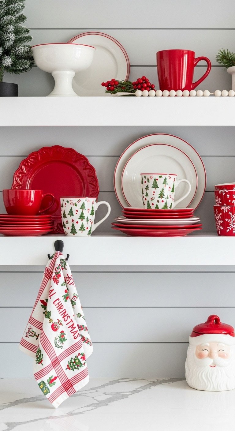 Rustic Christmas kitchen open shelving with seasonal tableware festive mugs and plates on white shelves