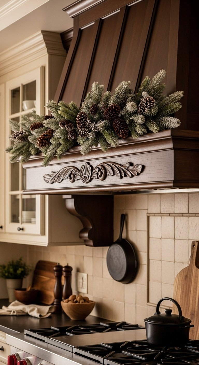 Rustic Christmas kitchen with a horizontal artificial pine swag adorned with pinecones on a carved wooden range hood
