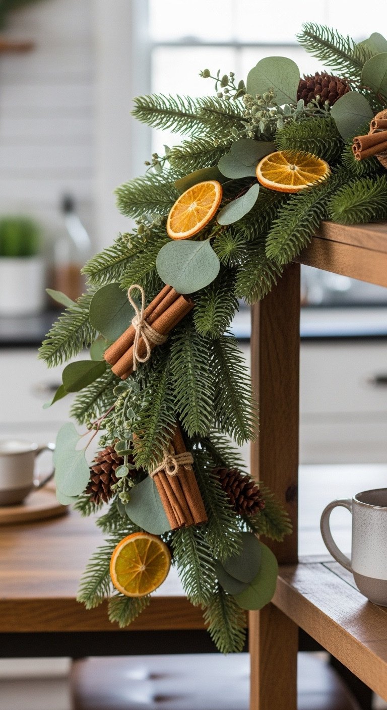 Rustic Christmas kitchen with detailed garland eucalyptus dried orange slices and cinnamon sticks on open shelf