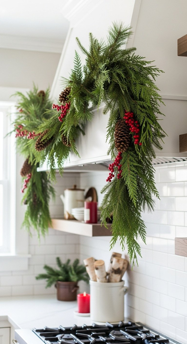 Rustic Christmas kitchen with pine cedar garlands pinecones and red berries draped over a white window and range hood