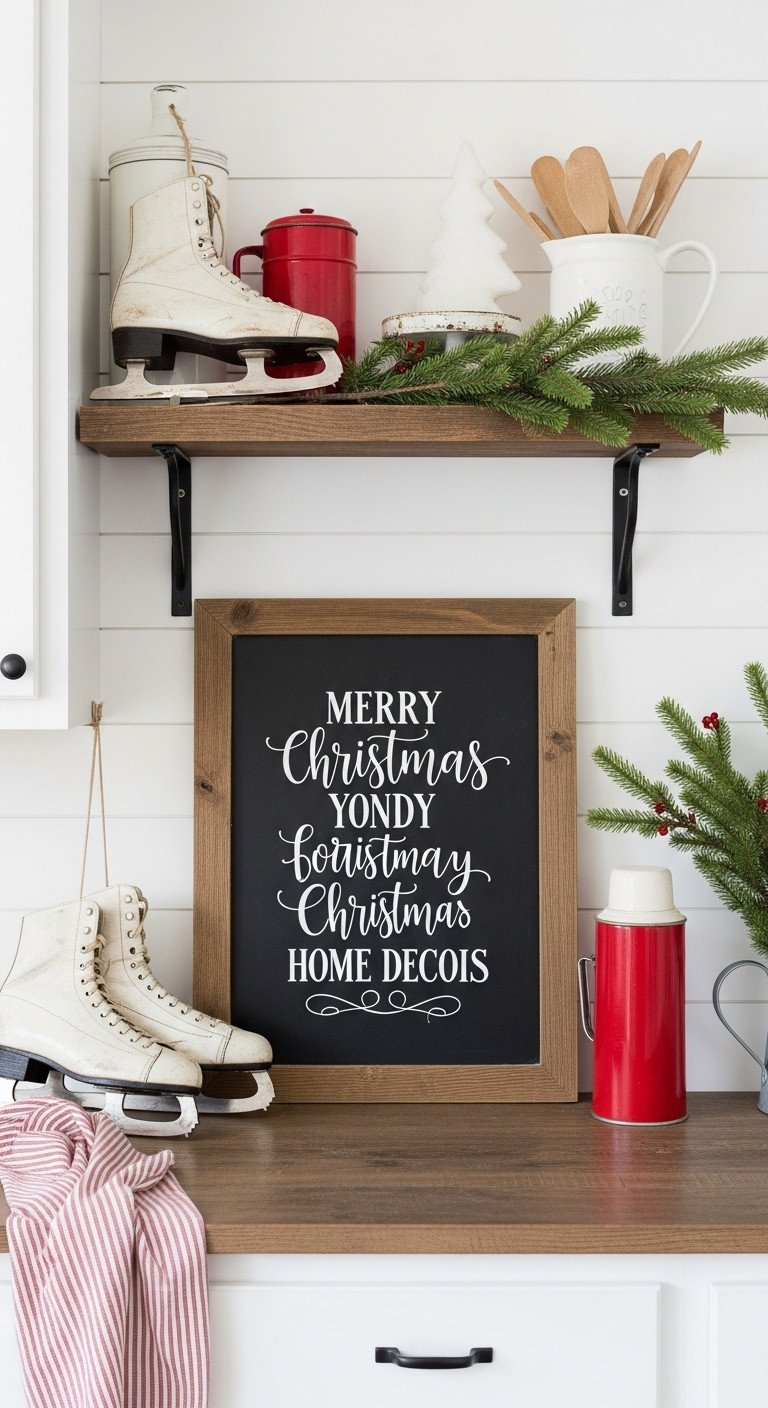 Rustic Christmas kitchen with vintage chalkboard sign and antique ice skates against shiplap wall