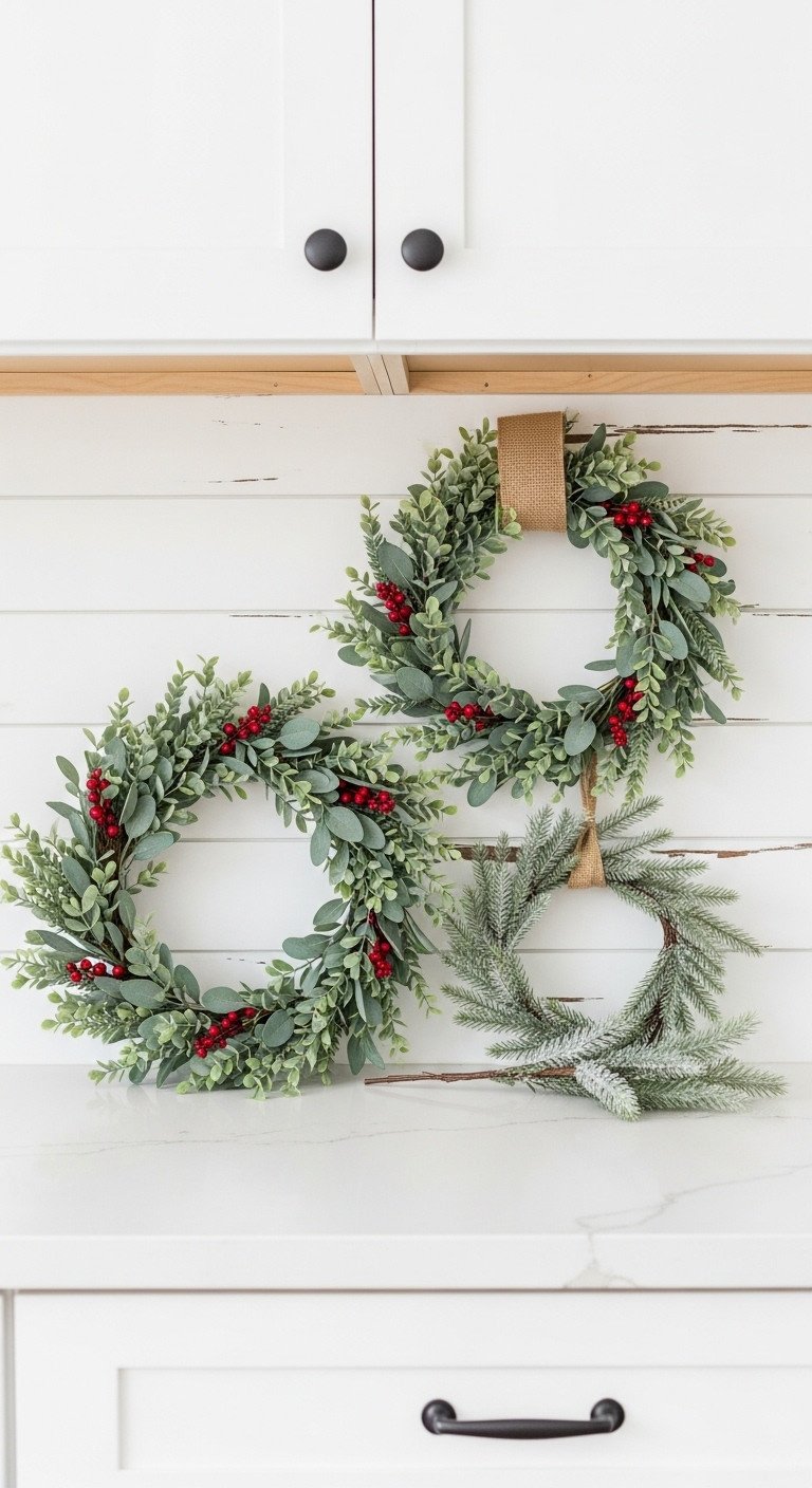 Rustic Christmas ornaments: metal stars, mercury glass, twine balls, and pine in a wooden dough bowl on a white kitchen cabinet.
