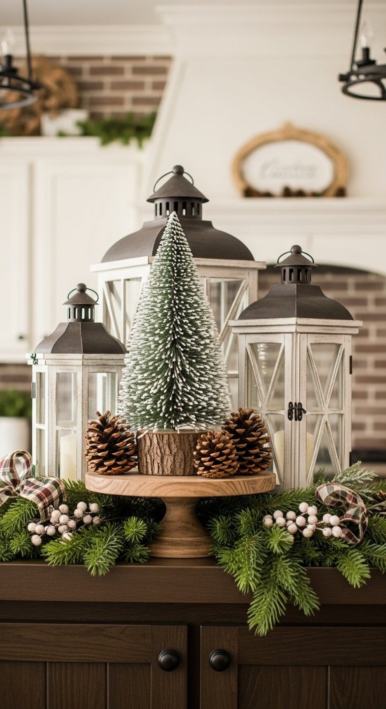 Rustic Christmas vignette: distressed white lanterns, frosted mini tree, and pinecones on dark wood farmhouse kitchen cabinet.