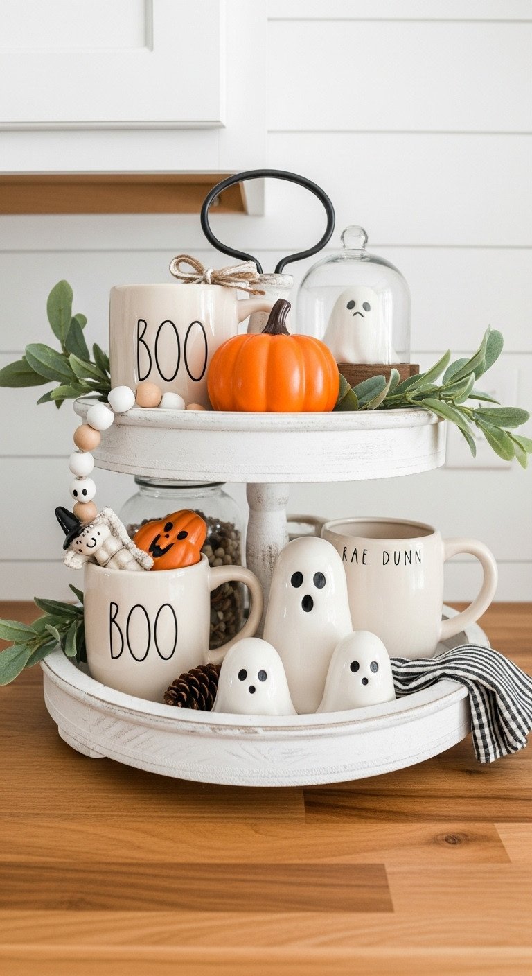 Rustic Ghost Gathering tiered tray with Rae Dunn mugs glass-domed pumpkin ceramic ghost figurines and natural greenery