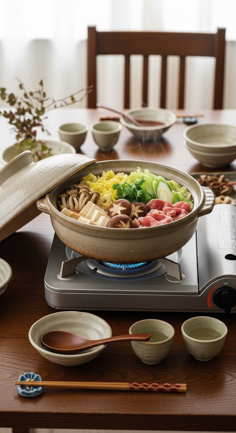 Rustic Japanese donabe hot pot with bubbling broth napa cabbage mushrooms tofu and sliced meat on dining table