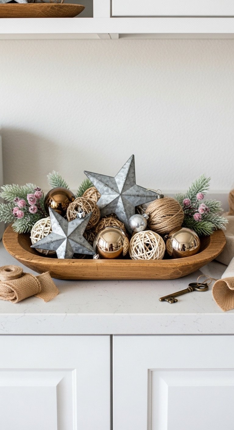 Rustic 'Merry Christmas' sign with eucalyptus sprigs, pinecones, and red berries above white farmhouse kitchen cabinets.