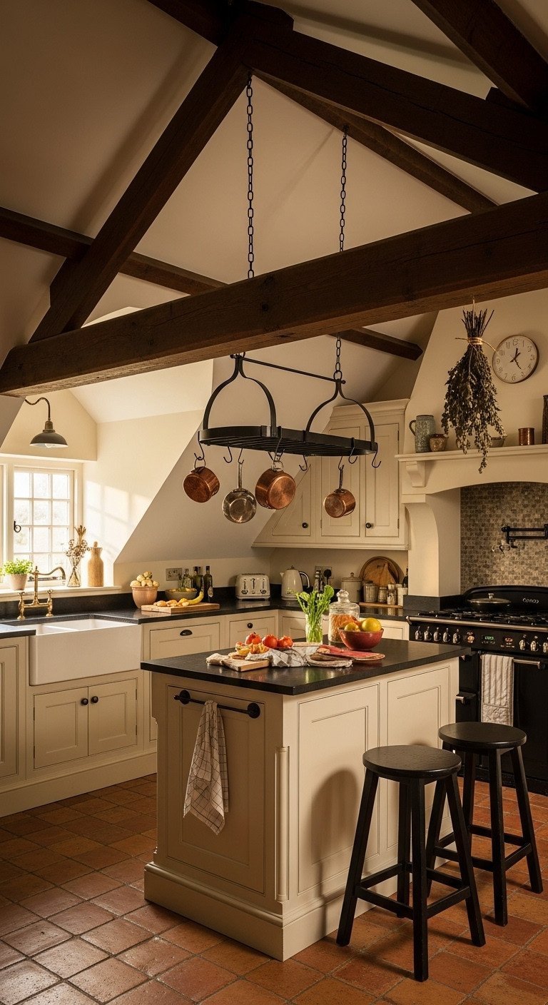 Rustic attic kitchen with a dark wood beam, black metal pot rack over an island. Cream shaker cabinets, soapstone counter, terracotta tiles.