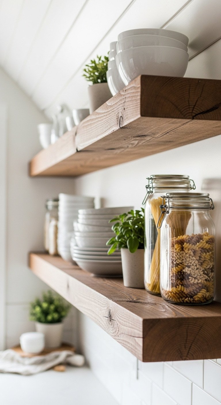 Rustic attic kitchen with reclaimed wood open shelves on a sloped white wall, styled with white ceramic dishes, plants, and jars. Copper measuring cup.