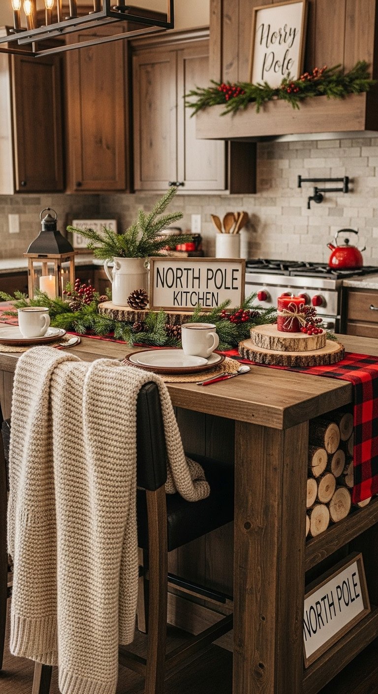 Rustic cabin North Pole kitchen with dark wood, plaid textiles, evergreen garlands, pinecones, and cozy lantern light.
