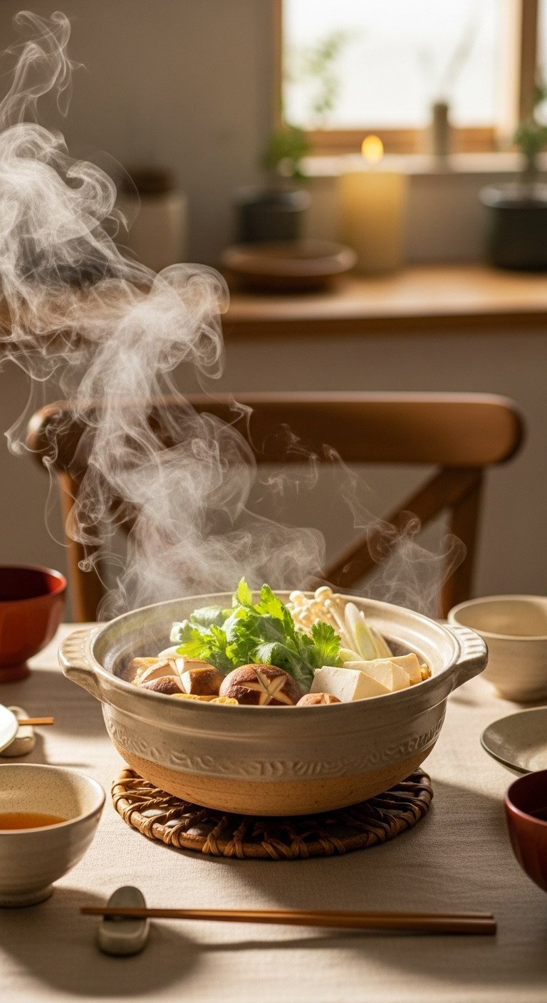 Rustic donabe earthenware pot steaming with hot pot ingredients on a dining table