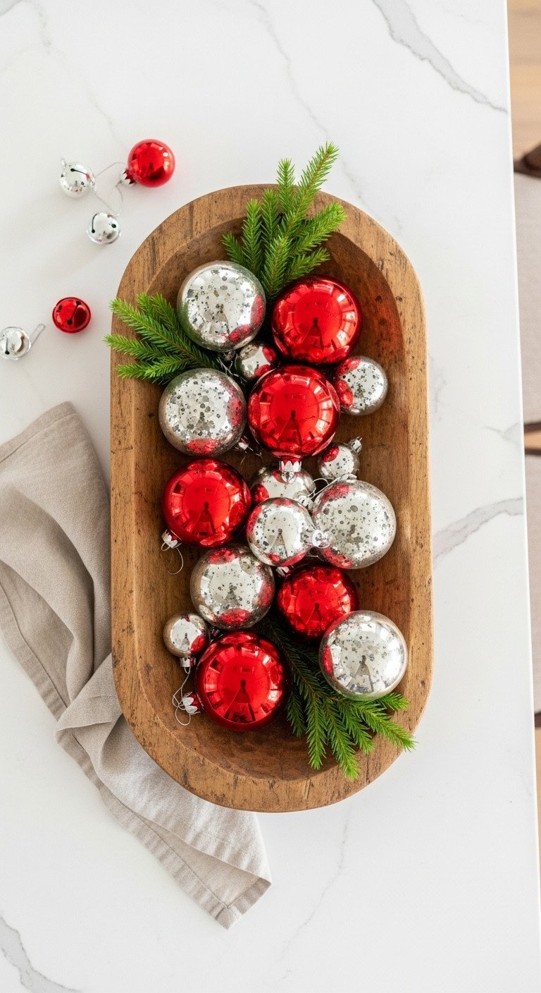 Rustic dough bowl centerpiece with red and silver Christmas ornaments on a white marble kitchen island