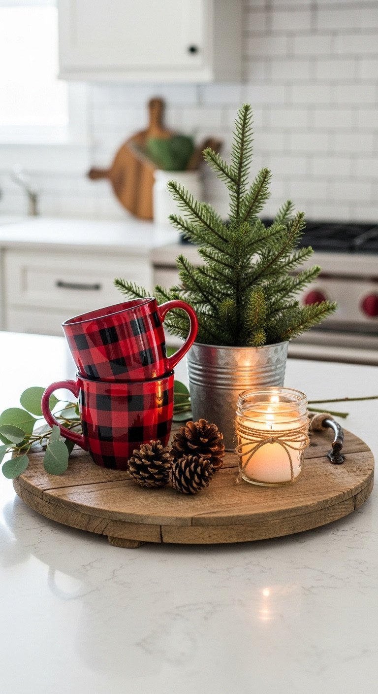 Rustic farmhouse Christmas kitchen with styled wooden serving tray buffalo check mugs and mini pine tree