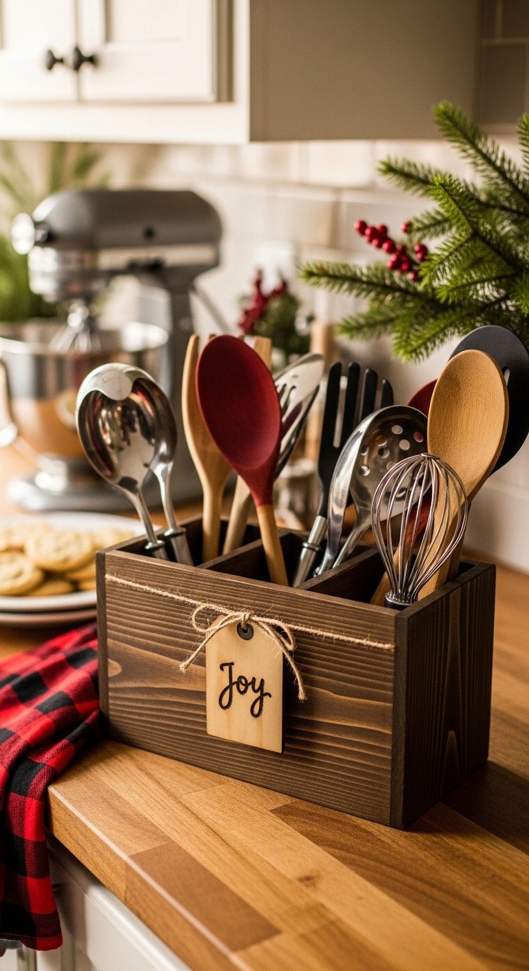 Rustic farmhouse Christmas kitchen with wooden utensil holder with compartments and handcrafted Joy tag