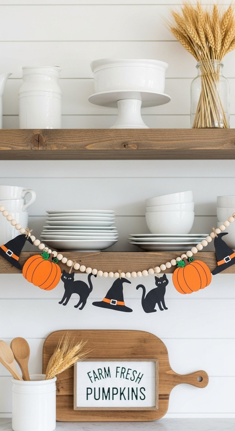 Rustic farmhouse Halloween kitchen garland with wooden cutouts of pumpkins cats and witch hats on a reclaimed wood shelf