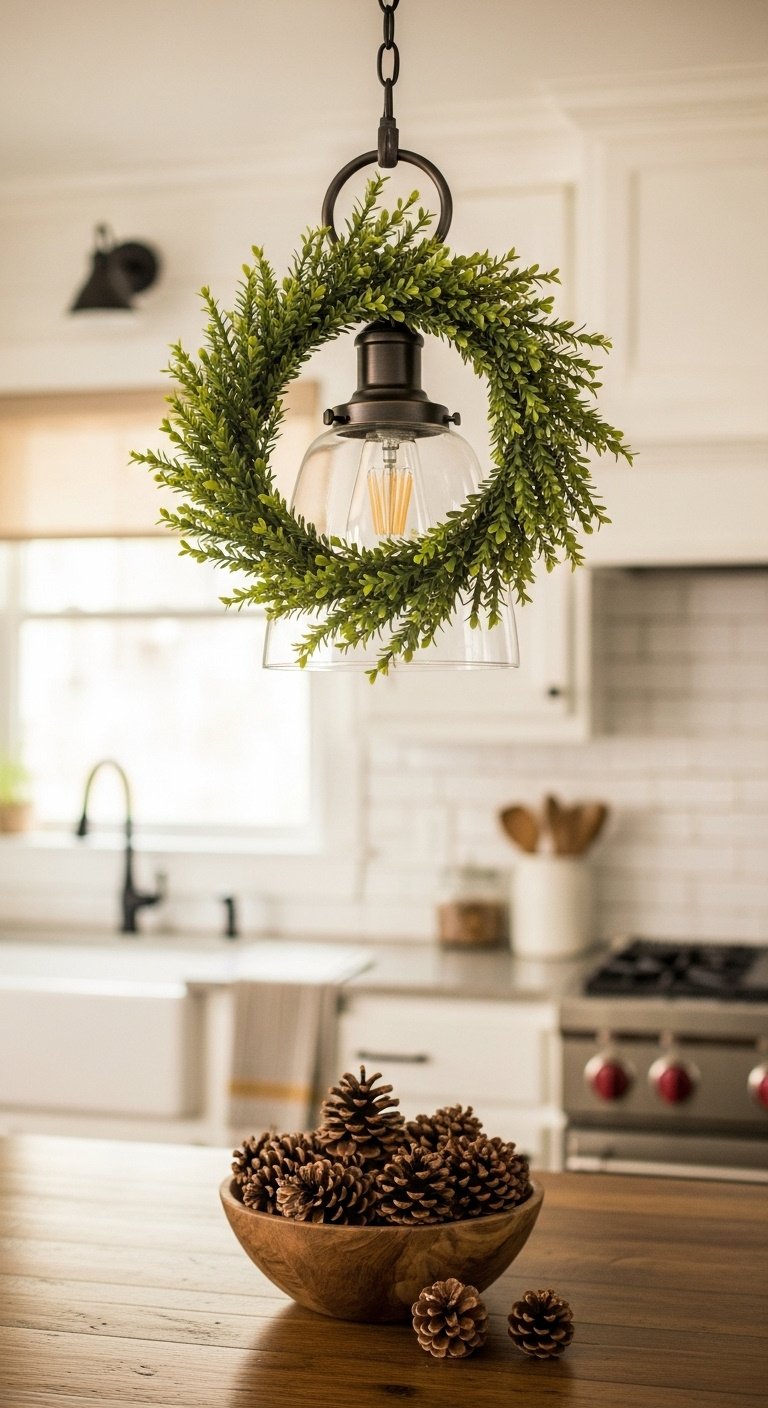 Rustic farmhouse kitchen pendant with oil-rubbed bronze finish, clear glass, and a faux boxwood mini-wreath. Warm golden hour light.