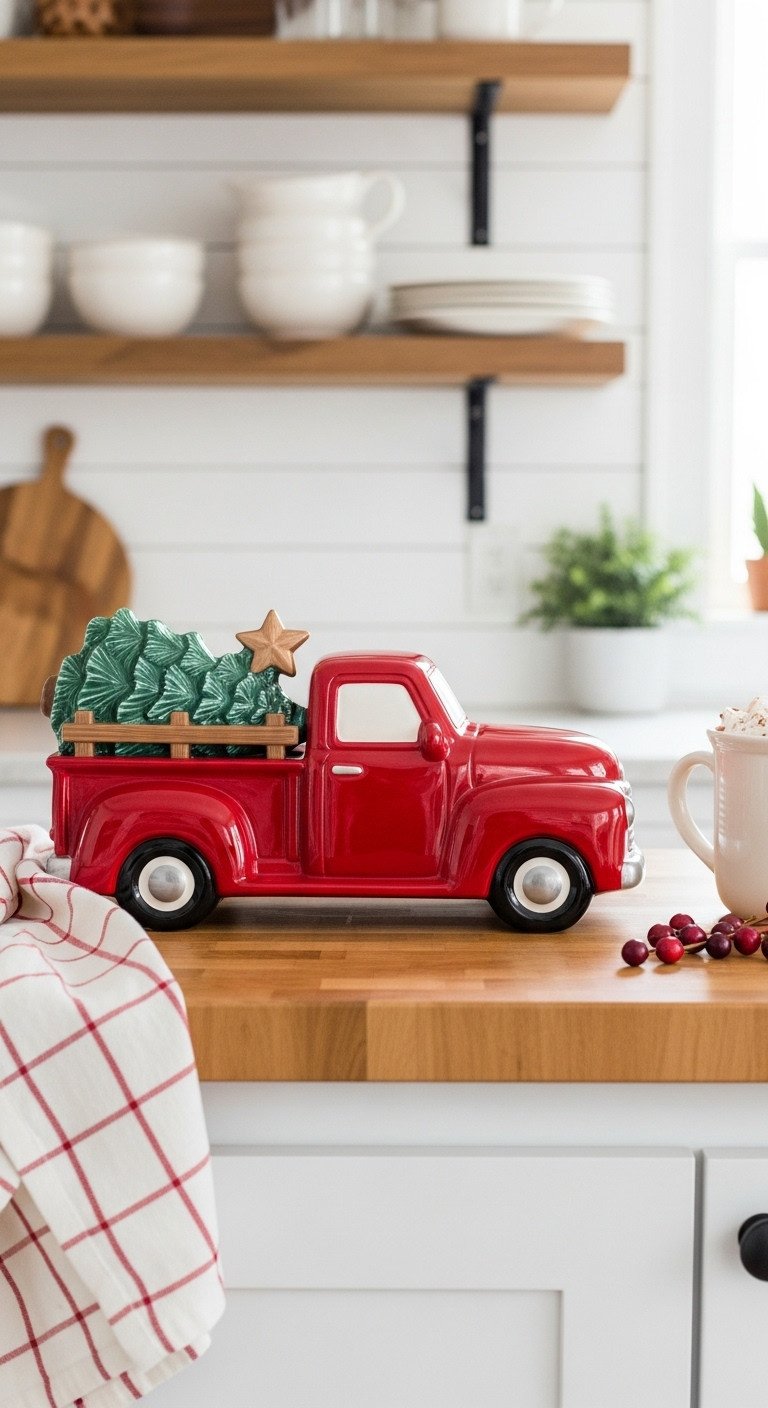 Rustic farmhouse kitchen with vintage red truck cookie jar carrying a Christmas tree on a butcher block countertop