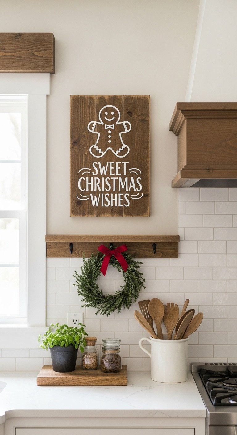 Rustic gingerbread wall art: distressed wooden sign with a gingerbread man, ideal for farmhouse Christmas kitchen wall decor.