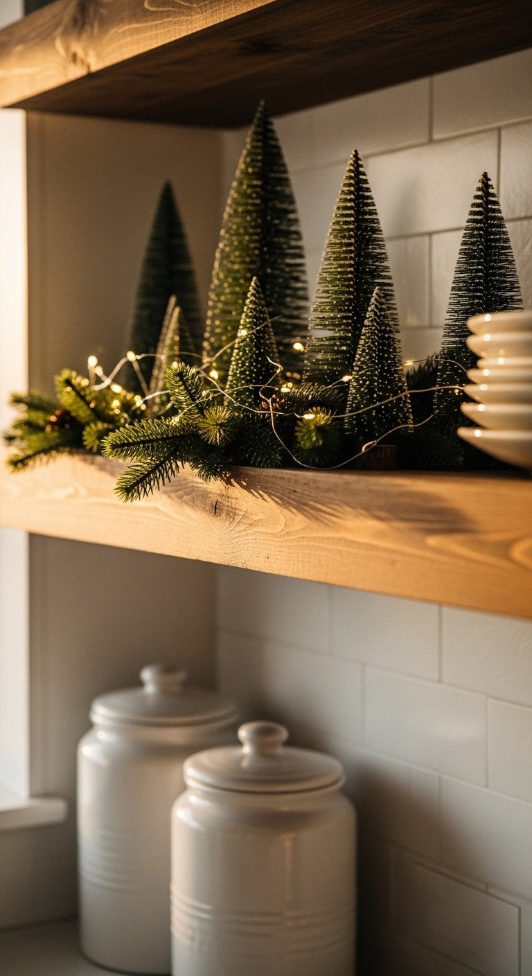 Rustic kitchen floating shelf decorated with evergreen garland mini Christmas trees and warm fairy lights cozy holiday glow