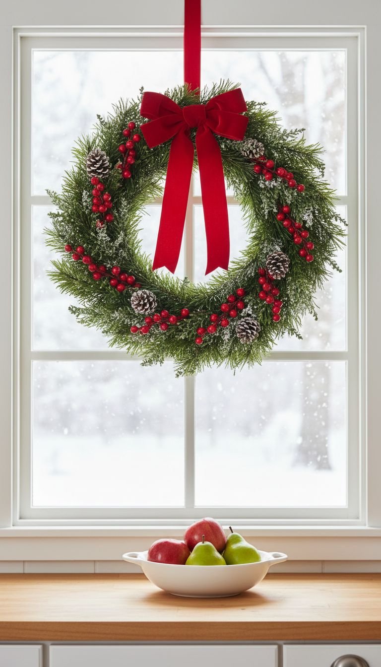 Christmas Kitchen Window Decor Ideas That Are Stunning And Safe 11 Rustic kitchen window with handmade garland of glowing dried orange slices and cinnamon sticks. Natural, organic decor.