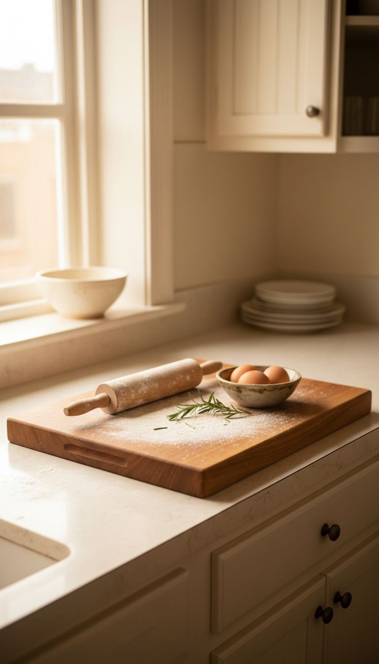 Rustic kitchen with oversized acacia wood cutting board, flour-dusted, vintage rolling pin, eggs, and rosemary sprig.