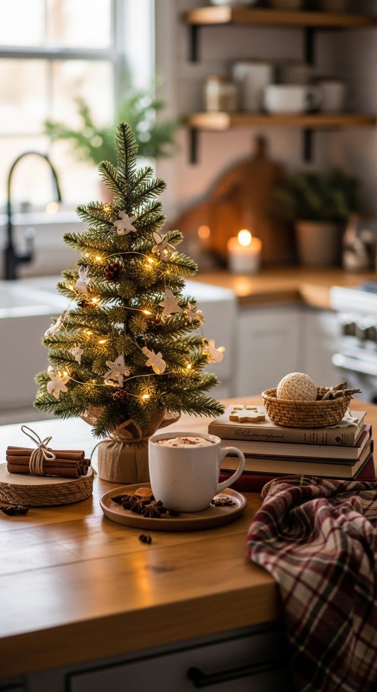 Rustic mini Christmas tree, fairy lights, festive cookbooks, and hot cocoa create a cozy kitchen island display.