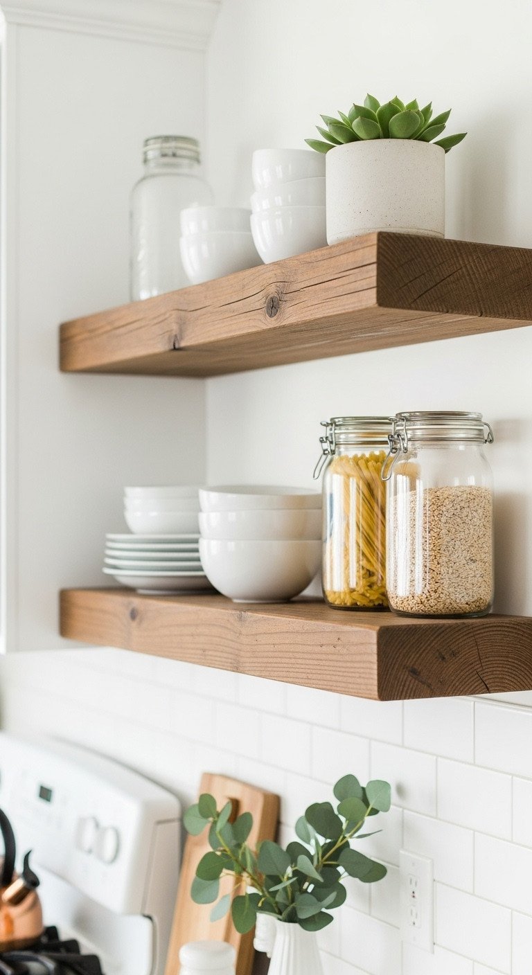 Smart White Apartment Kitchen Ideas To Maximize Style And Space 1 Rustic reclaimed wood floating shelves on white tile in a bright kitchen, styled with minimalist dishes, succulent, and grain jars.