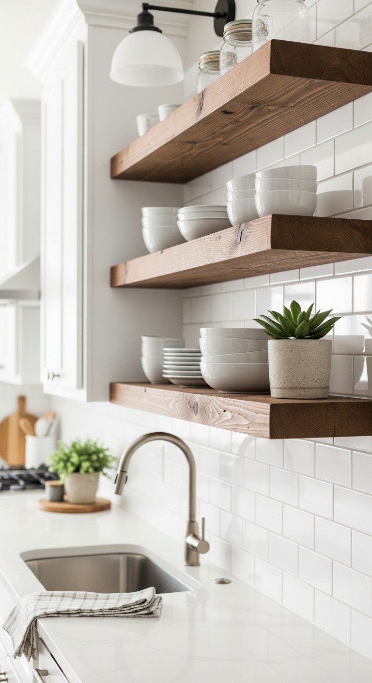 Rustic reclaimed wood floating shelves with minimalist white dishes, succulent, glass jars in a modern white kitchen with subway tile backsplash.