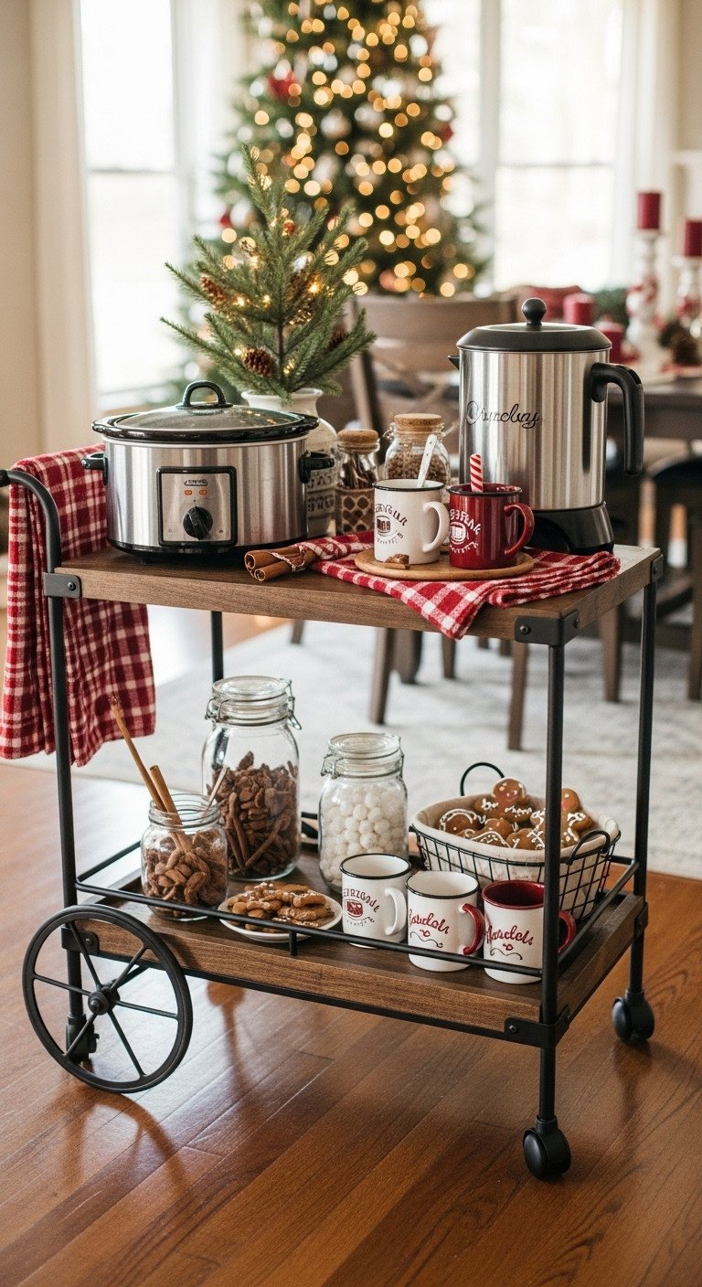 7 Christmas Kitchen Decor Hot Cocoa Bar Ideas For A Cozy Home 3 Rustic rolling bar cart hot cocoa station with slow cooker mugs and gingerbread cookies
