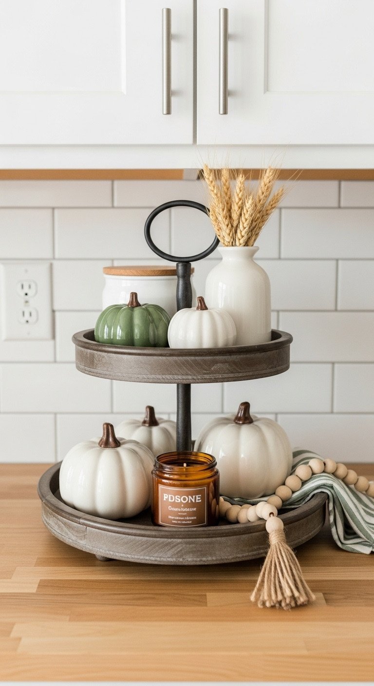Rustic two-tier wood metal tray decorated for fall with ceramic pumpkins, candle, wheat stalks on butcher block kitchen counter.