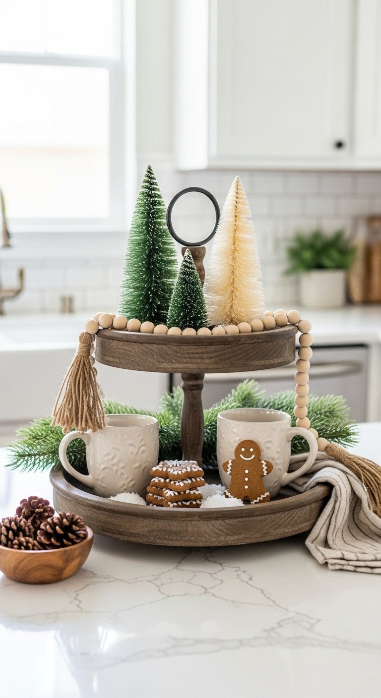 11 Cozy Christmas Kitchen Ideas That Feel Truly Magical 4 Rustic two-tiered tray, Christmas decor: mugs, gingerbread, bottlebrush trees, wood garland on white quartz kitchen counter.