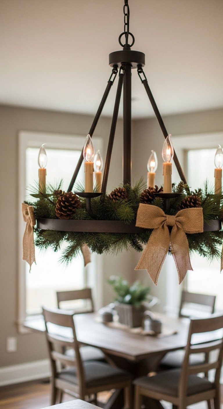 Rustic wagon-wheel chandelier with faux pine garland, pinecones, and burlap bows. Cozy farmhouse holiday kitchen lighting.